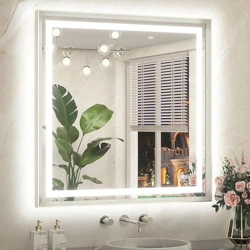 Bathroom LED Mirror with Metal Frame – Frontlit & Backlit Vanity Mirror, Anti-Fog, Stepless Dimmable, 3 Color Temperatures (White/Warm/Natural), Wall-Mounted