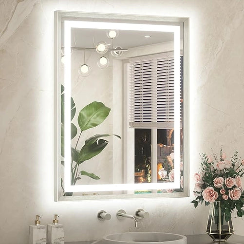 Bathroom LED Mirror with Metal Frame – Frontlit & Backlit Vanity Mirror, Anti-Fog, Stepless Dimmable, 3 Color Temperatures (White/Warm/Natural), Wall-Mounted