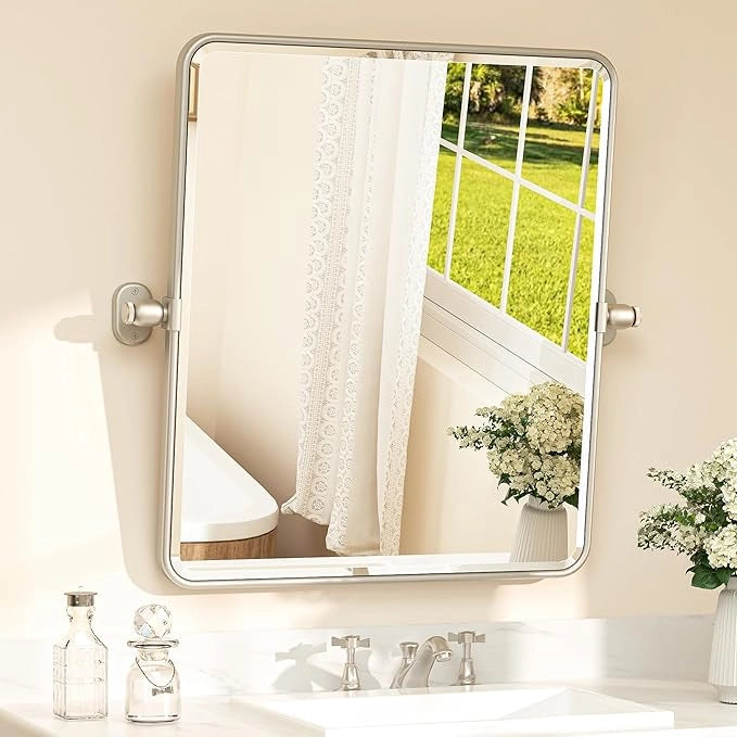 Pivot Rectangle Metal Framed Vanity Mirror – Modern Farmhouse Adjustable Tilting, Beveled Rounded Corner, Rectangular Wall Mirror, Horizontal/Vertical Mount for Bathroom