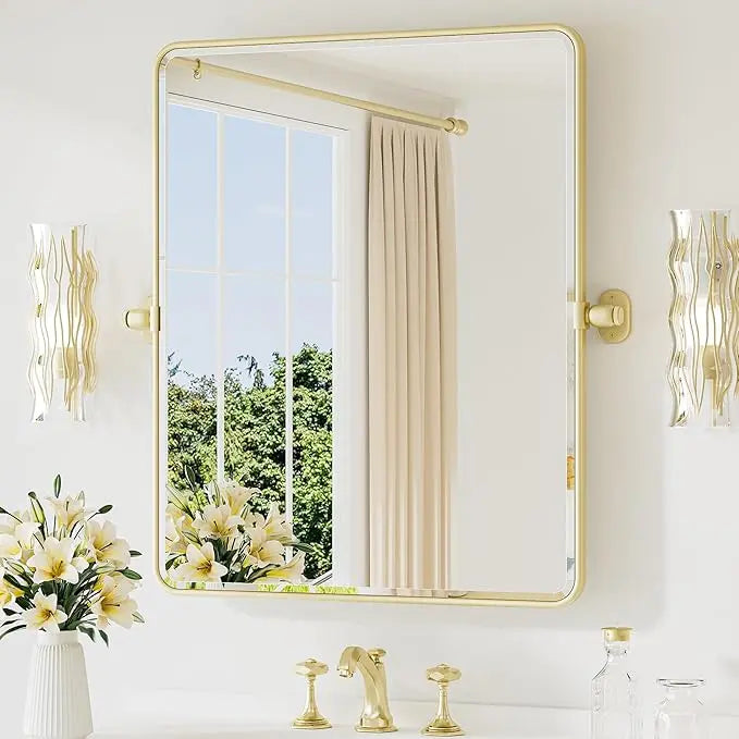 Pivot Rectangle Metal Framed Vanity Mirror – Modern Farmhouse Adjustable Tilting, Beveled Rounded Corner, Rectangular Wall Mirror, Horizontal/Vertical Mount for Bathroom