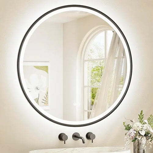 Round LED Mirror with Lights – Metal-Framed Circle Vanity Mirror, Dual Front & Backlit, 3-Color Stepless Dimmable, Anti-Fog, CRI 90+, Shatterproof Glass, Wall-Mounted for Stylish Décor