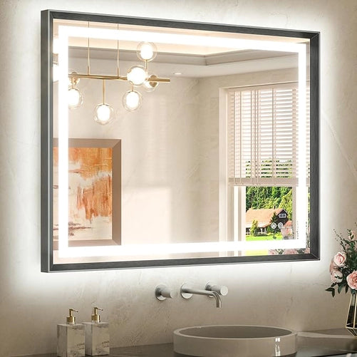 Bathroom LED Mirror with Metal Frame – Frontlit & Backlit Vanity Mirror, Anti-Fog, Stepless Dimmable, 3 Color Temperatures (White/Warm/Natural), Wall-Mounted