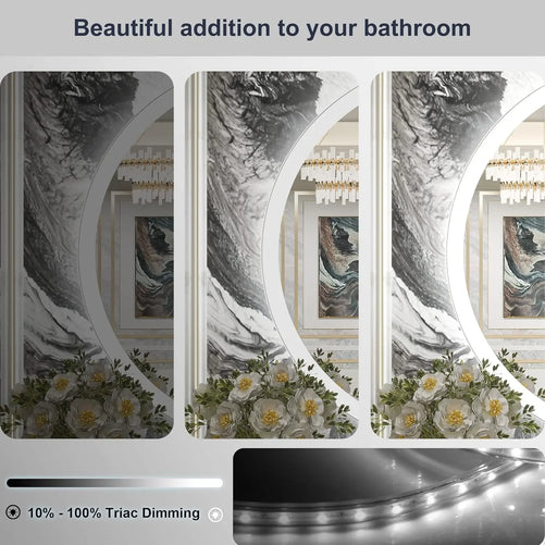 LED Round Mirror with Front Lights, 3 Color Options, CRI 90+ – Dimmable Wall-Mounted Vanity Mirror for Bathroom, Living Room, or Bedroom – Frontlit Illuminated Modern Design