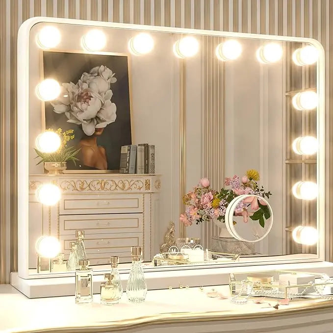 Vanity Mirror with Lights – 15 USB Dimmable Bulbs, 3-Color Modes, Charging Port, Metal Frame, Wooden Base, Hollywood Style Lighted Makeup Mirror with Touch Control