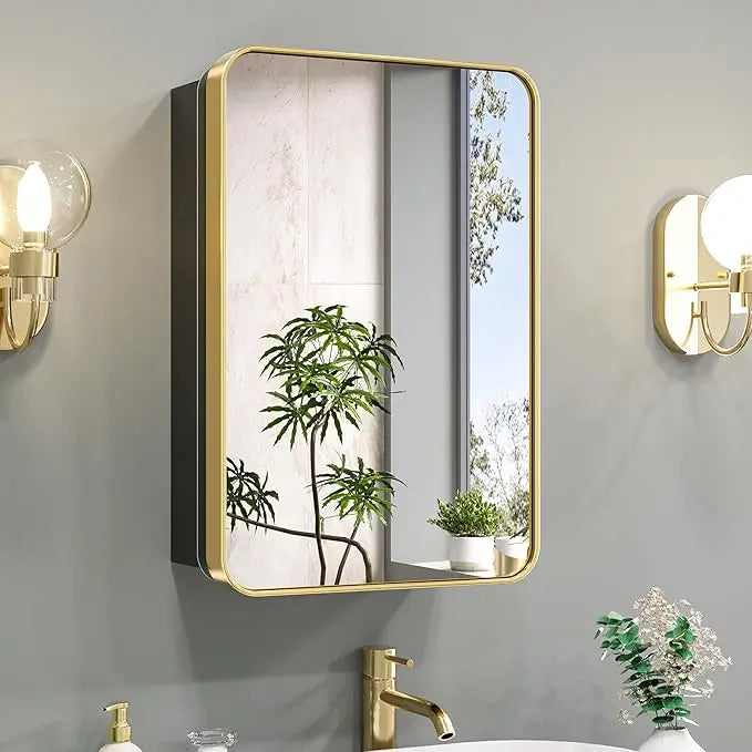 Bathroom Vanity Medicine Cabinet with Mirror – Small Brushed Brass, Stainless Steel Frame, Rounded Rectangle, Adjustable Shelves, Recessed or Surface Mount for Modern Storage