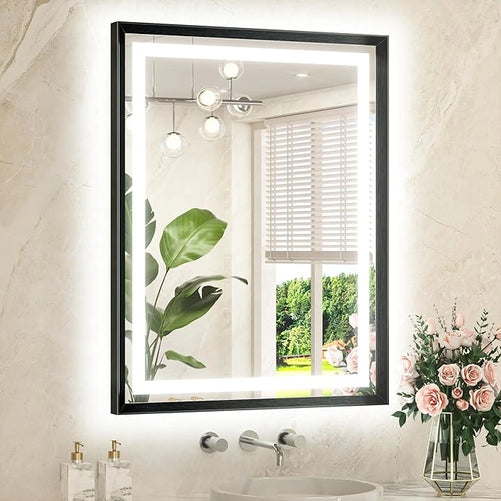 Bathroom LED Mirror with Metal Frame – Frontlit & Backlit Vanity Mirror, Anti-Fog, Stepless Dimmable, 3 Color Temperatures (White/Warm/Natural), Wall-Mounted