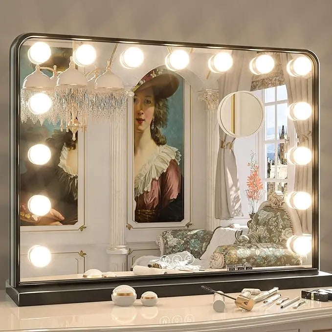 Vanity Mirror with Lights – 15 USB Dimmable Bulbs, 3-Color Modes, Charging Port, Metal Frame, Wooden Base, Hollywood Style Lighted Makeup Mirror with Touch Control