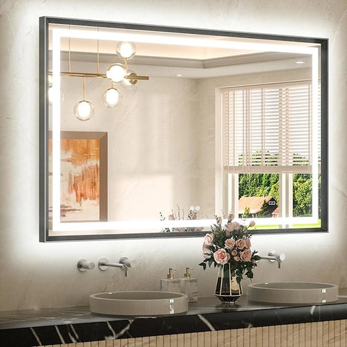 Bathroom LED Mirror with Metal Frame – Frontlit & Backlit Vanity Mirror, Anti-Fog, Stepless Dimmable, 3 Color Temperatures (White/Warm/Natural), Wall-Mounted