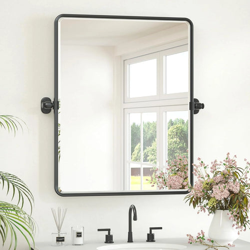 Pivot Rectangle Metal Framed Vanity Mirror – Modern Farmhouse Adjustable Tilting, Beveled Rounded Corner, Rectangular Wall Mirror, Horizontal/Vertical Mount for Bathroom