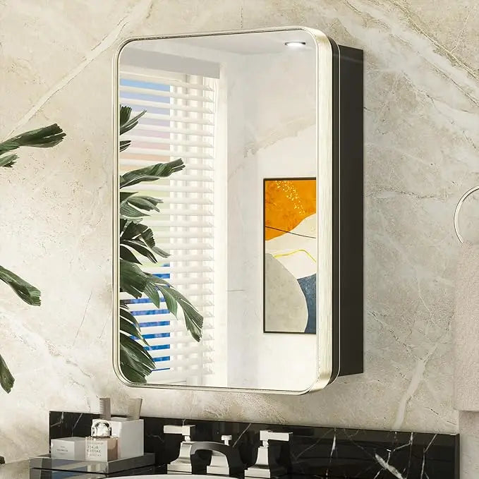 Bathroom Vanity Medicine Cabinet with Mirror – Small Brushed Brass, Stainless Steel Frame, Rounded Rectangle, Adjustable Shelves, Recessed or Surface Mount for Modern Storage