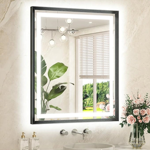 Bathroom LED Mirror with Metal Frame – Frontlit & Backlit Vanity Mirror, Anti-Fog, Stepless Dimmable, 3 Color Temperatures (White/Warm/Natural), Wall-Mounted
