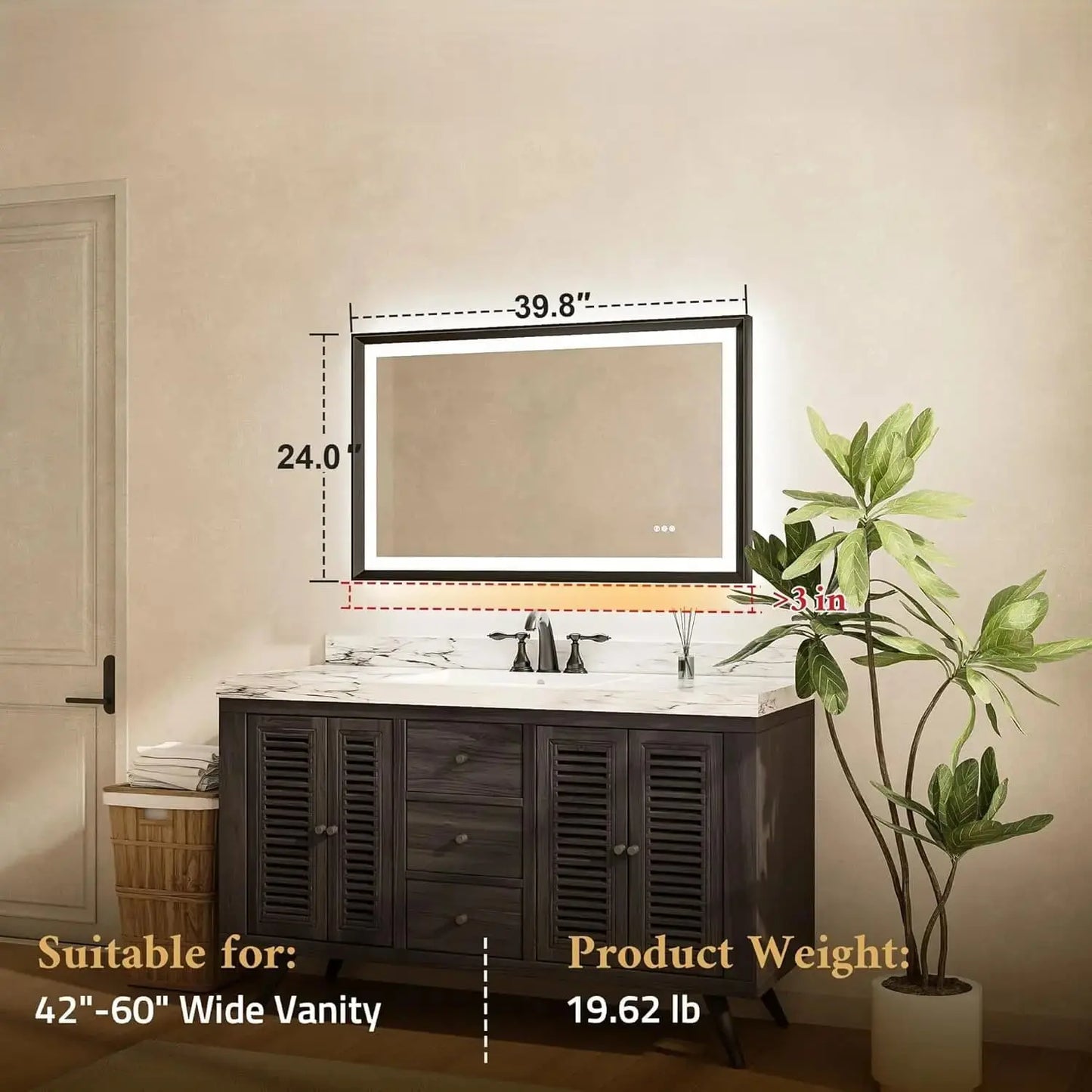 LED Bathroom Vanity Mirror with Frame – Front & Backlit, Aluminum Rectangle, Beveled Edge, 3-Color Stepless Dimmable, Anti-Fog, Memory Function, Wall-Mounted Lighted Mirror