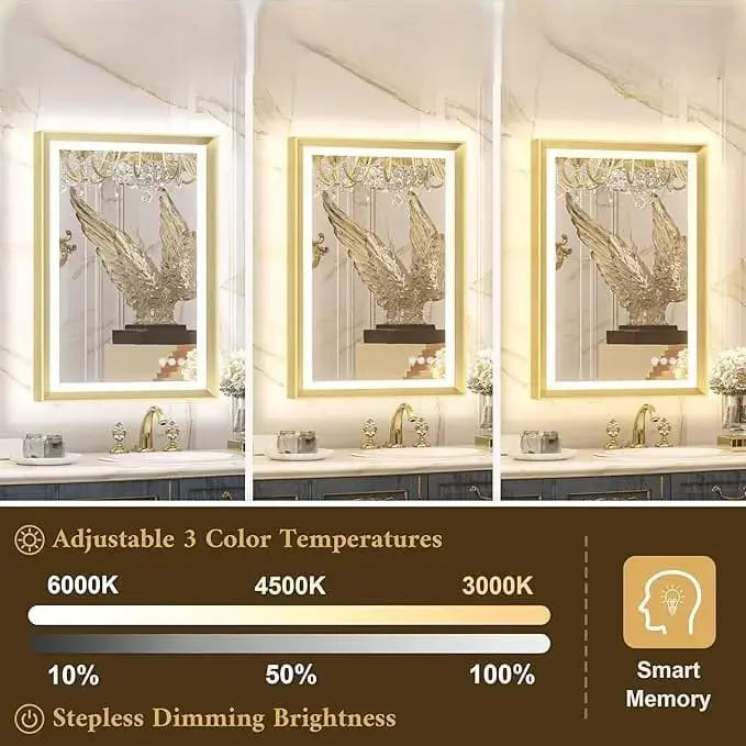 LED Bathroom Vanity Mirror with Frame – Front & Backlit, Aluminum Rectangle, Beveled Edge, 3-Color Stepless Dimmable, Anti-Fog, Memory Function, Wall-Mounted Lighted Mirror