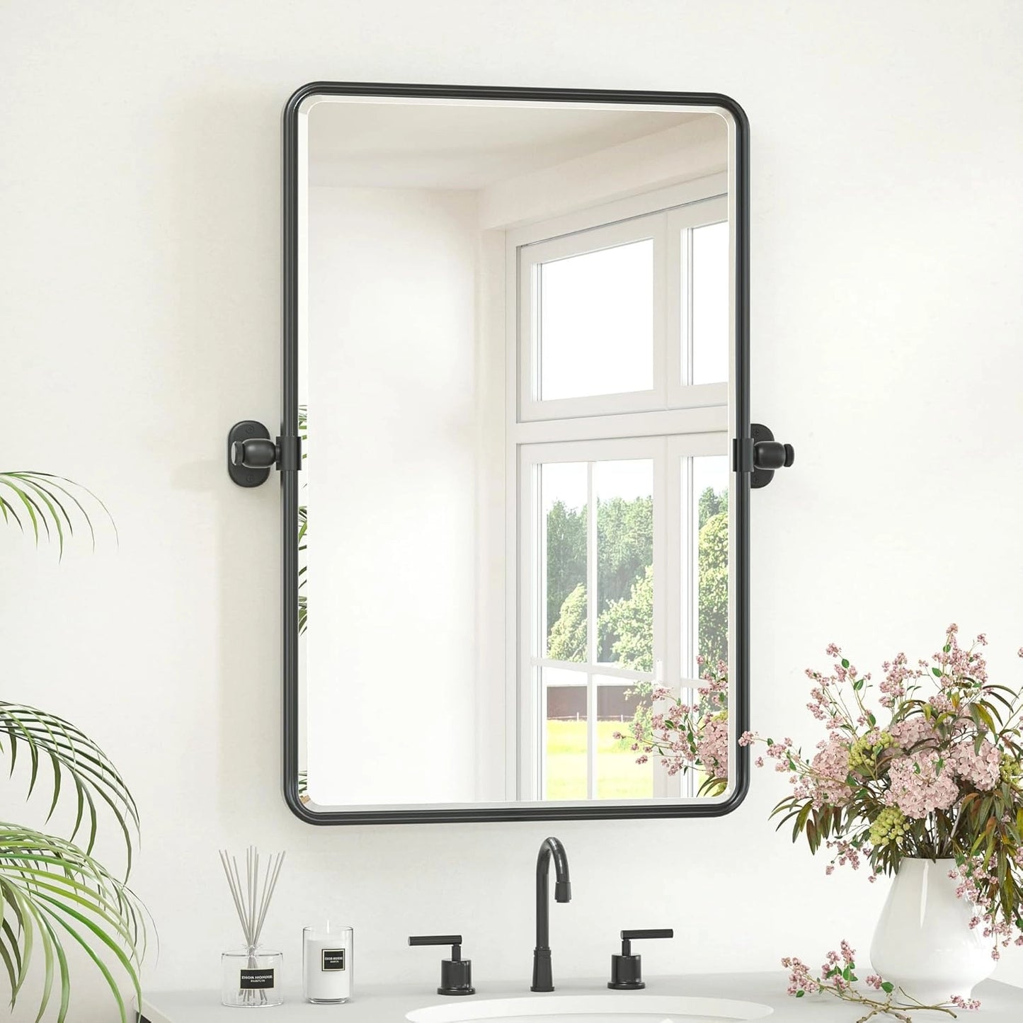 Pivot Rectangle Metal Framed Vanity Mirror – Modern Farmhouse Adjustable Tilting, Beveled Rounded Corner, Rectangular Wall Mirror, Horizontal/Vertical Mount for Bathroom