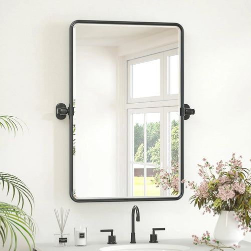 Pivot Rectangle Metal Framed Vanity Mirror – Modern Farmhouse Adjustable Tilting, Beveled Rounded Corner, Rectangular Wall Mirror, Horizontal/Vertical Mount for Bathroom