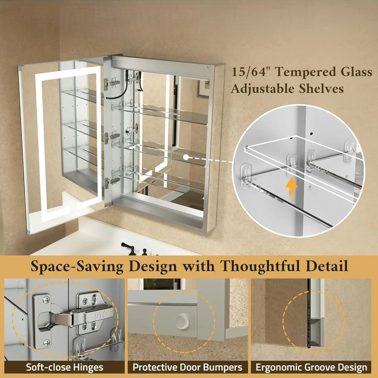 Modern Bathroom Vanity Mirror with Storage – Beveled Metal Frame, Aluminum Alloy Medicine Cabinet with Adjustable Shelves – Ideal for Bathroom Organization and Stylish Décor