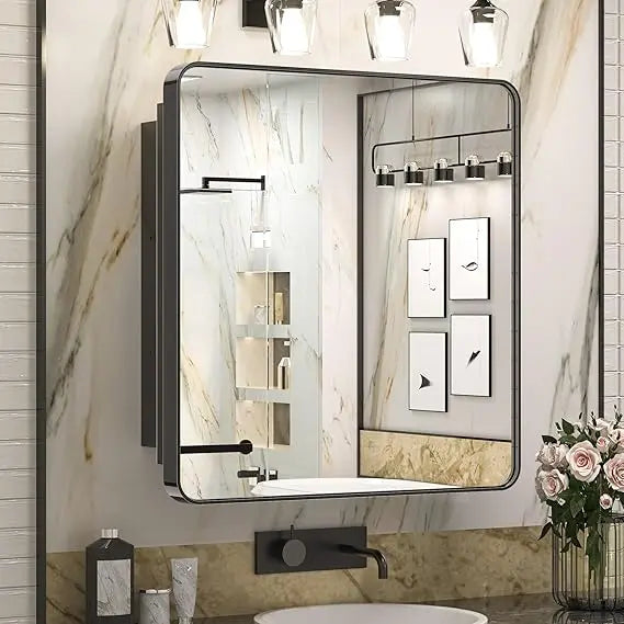 Bathroom Vanity Medicine Cabinet with Mirror – Small Brushed Brass, Stainless Steel Frame, Rounded Rectangle, Adjustable Shelves, Recessed or Surface Mount for Modern Storage