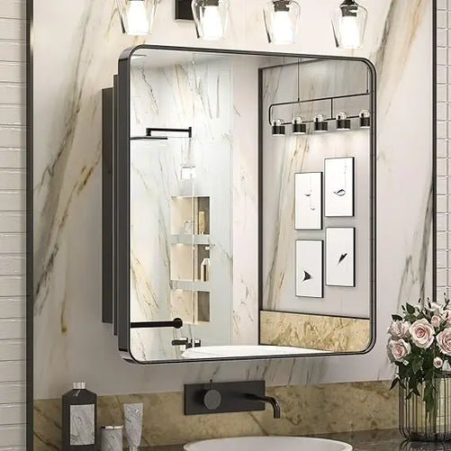 Bathroom Vanity Medicine Cabinet with Mirror – Small Brushed Brass, Stainless Steel Frame, Rounded Rectangle, Adjustable Shelves, Recessed or Surface Mount for Modern Storage