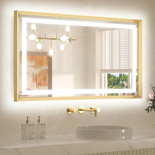 Bathroom LED Mirror with Metal Frame – Frontlit & Backlit Vanity Mirror, Anti-Fog, Stepless Dimmable, 3 Color Temperatures (White/Warm/Natural), Wall-Mounted