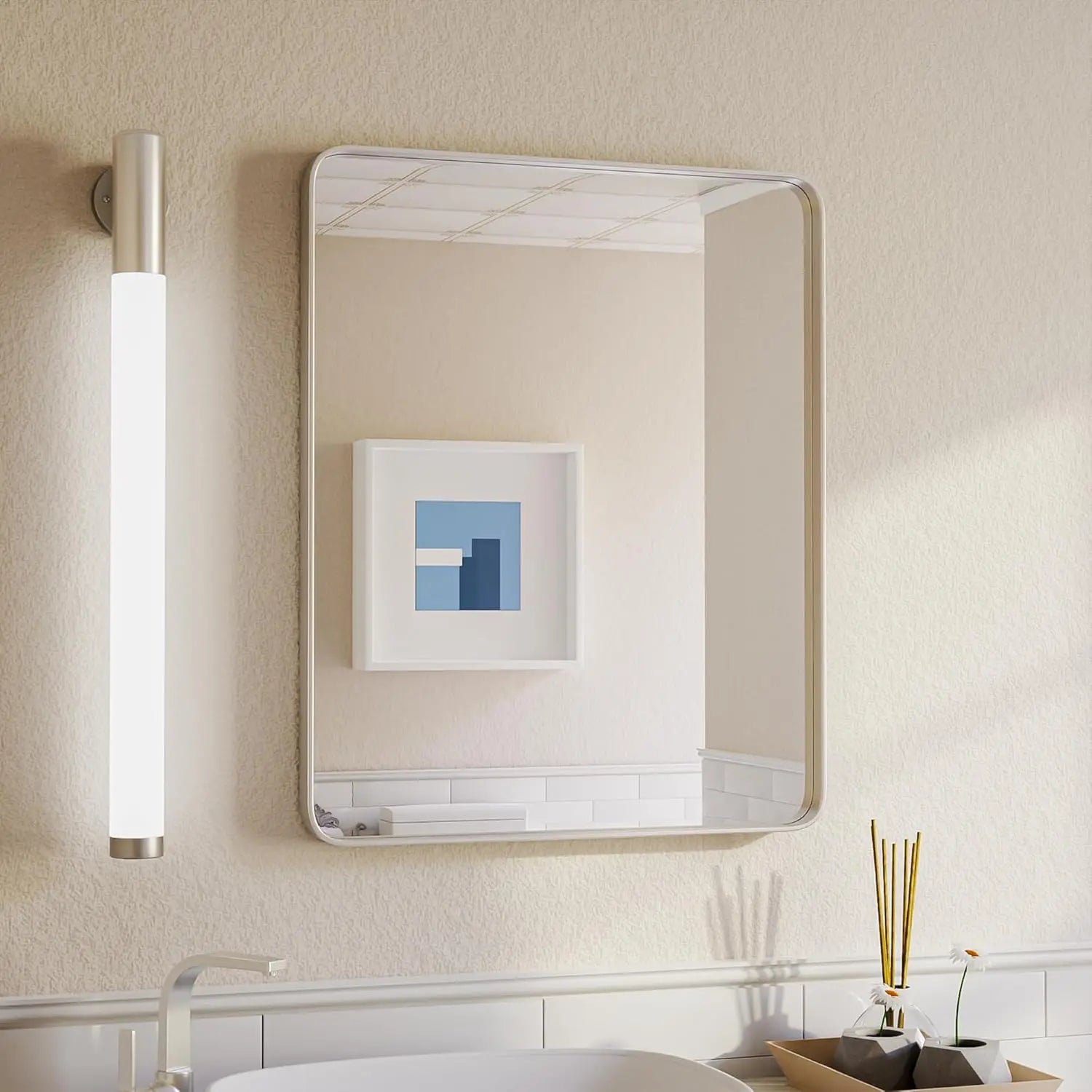 Aluminum Framed Bathroom Vanity Mirror – HD Tempered Glass Wall-Mounted Design, Ideal for Over-the-Sink Use, Supports Horizontal/Vertical Installation for Modern Décor
