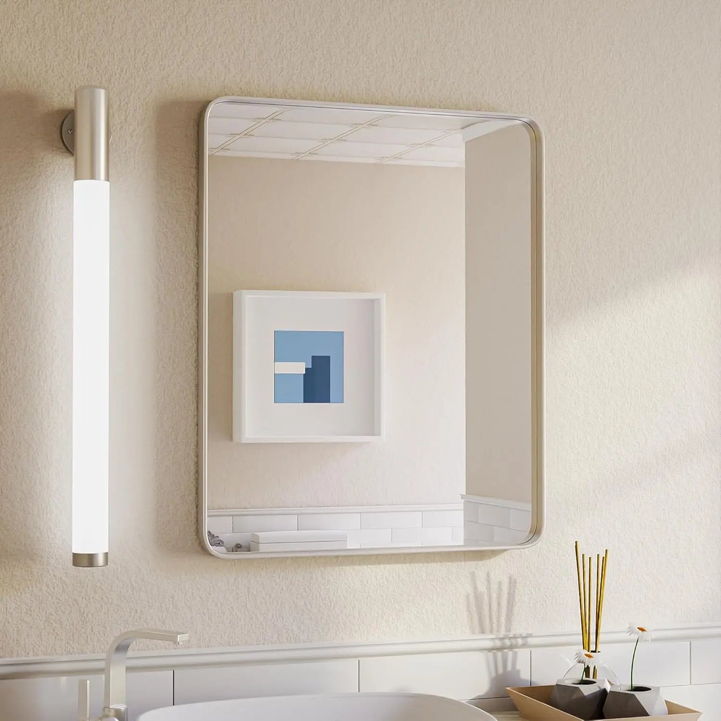 Aluminum Framed Bathroom Vanity Mirror – HD Tempered Glass Wall-Mounted Design, Ideal for Over-the-Sink Use, Supports Horizontal/Vertical Installation for Modern Décor