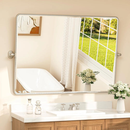 Pivot Rectangle Metal Framed Vanity Mirror – Modern Farmhouse Adjustable Tilting, Beveled Rounded Corner, Rectangular Wall Mirror, Horizontal/Vertical Mount for Bathroom