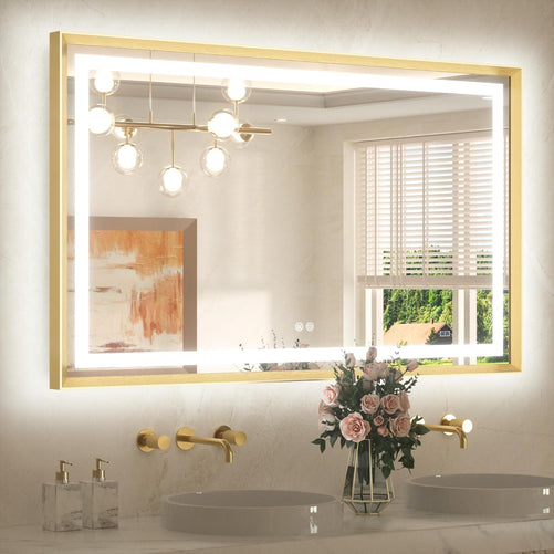 Bathroom LED Mirror with Metal Frame – Frontlit & Backlit Vanity Mirror, Anti-Fog, Stepless Dimmable, 3 Color Temperatures (White/Warm/Natural), Wall-Mounted