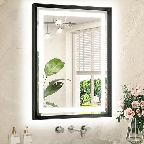 Bathroom LED Mirror with Metal Frame – Frontlit & Backlit Vanity Mirror, Anti-Fog, Stepless Dimmable, 3 Color Temperatures (White/Warm/Natural), Wall-Mounted