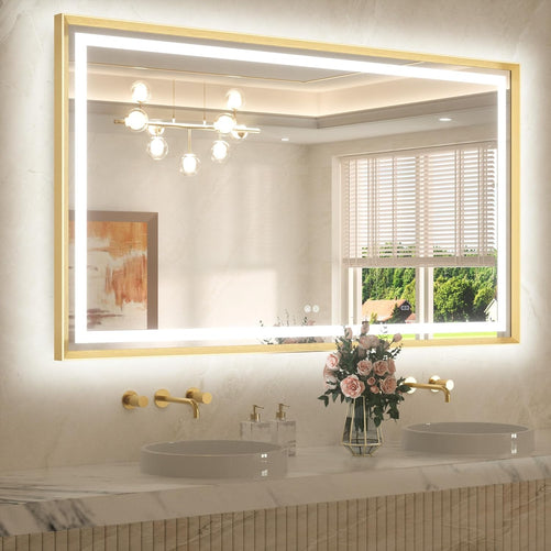 Bathroom LED Mirror with Metal Frame – Frontlit & Backlit Vanity Mirror, Anti-Fog, Stepless Dimmable, 3 Color Temperatures (White/Warm/Natural), Wall-Mounted