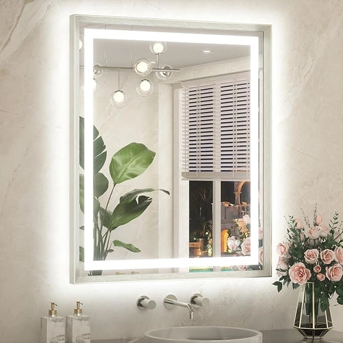Bathroom LED Mirror with Metal Frame – Frontlit & Backlit Vanity Mirror, Anti-Fog, Stepless Dimmable, 3 Color Temperatures (White/Warm/Natural), Wall-Mounted