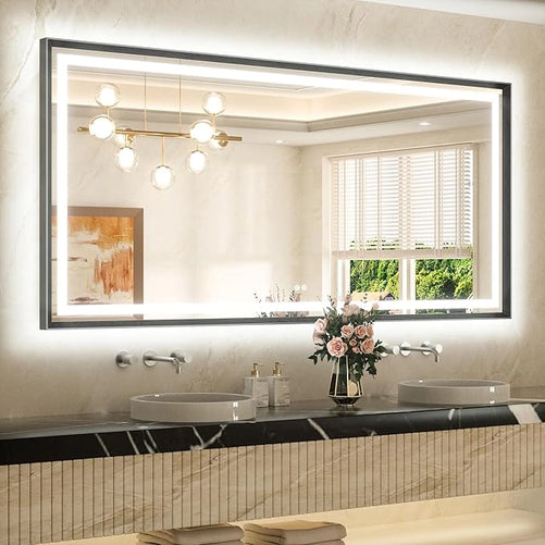 Bathroom LED Mirror with Metal Frame – Frontlit & Backlit Vanity Mirror, Anti-Fog, Stepless Dimmable, 3 Color Temperatures (White/Warm/Natural), Wall-Mounted