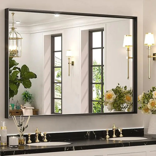 Modern Matte Black Bathroom Mirror – Versatile Mounting