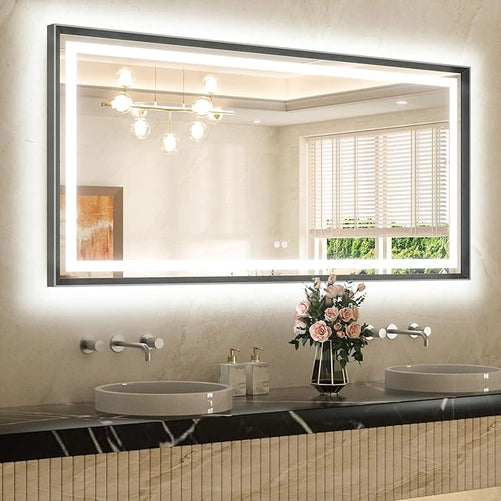 Bathroom LED Mirror with Metal Frame – Frontlit & Backlit Vanity Mirror, Anti-Fog, Stepless Dimmable, 3 Color Temperatures (White/Warm/Natural), Wall-Mounted