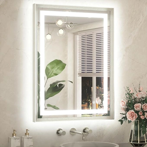 Bathroom LED Mirror with Metal Frame – Frontlit & Backlit Vanity Mirror, Anti-Fog, Stepless Dimmable, 3 Color Temperatures (White/Warm/Natural), Wall-Mounted