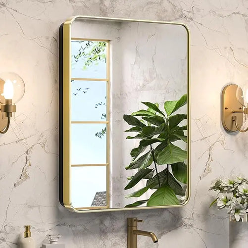 Bathroom Vanity Medicine Cabinet with Mirror – Small Brushed Brass, Stainless Steel Frame, Rounded Rectangle, Adjustable Shelves, Recessed or Surface Mount for Modern Storage