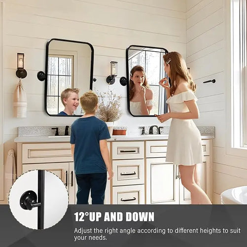 Pivot Rectangle Metal Framed Vanity Mirror – Modern Farmhouse Adjustable Tilting, Beveled Rounded Corner, Rectangular Wall Mirror, Horizontal/Vertical Mount for Bathroom