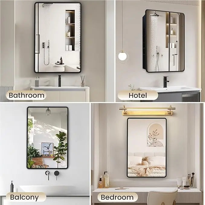 Bathroom Vanity Medicine Cabinet with Mirror – Small Brushed Brass, Stainless Steel Frame, Rounded Rectangle, Adjustable Shelves, Recessed or Surface Mount for Modern Storage