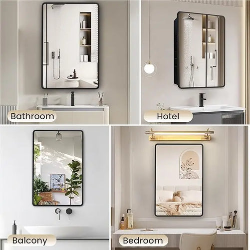 Bathroom Vanity Medicine Cabinet with Mirror – Small Brushed Brass, Stainless Steel Frame, Rounded Rectangle, Adjustable Shelves, Recessed or Surface Mount for Modern Storage