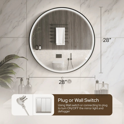 LED Round Bathroom Mirror – 3 Color Modes, Dimmable, Anti-Fog, Modern Design