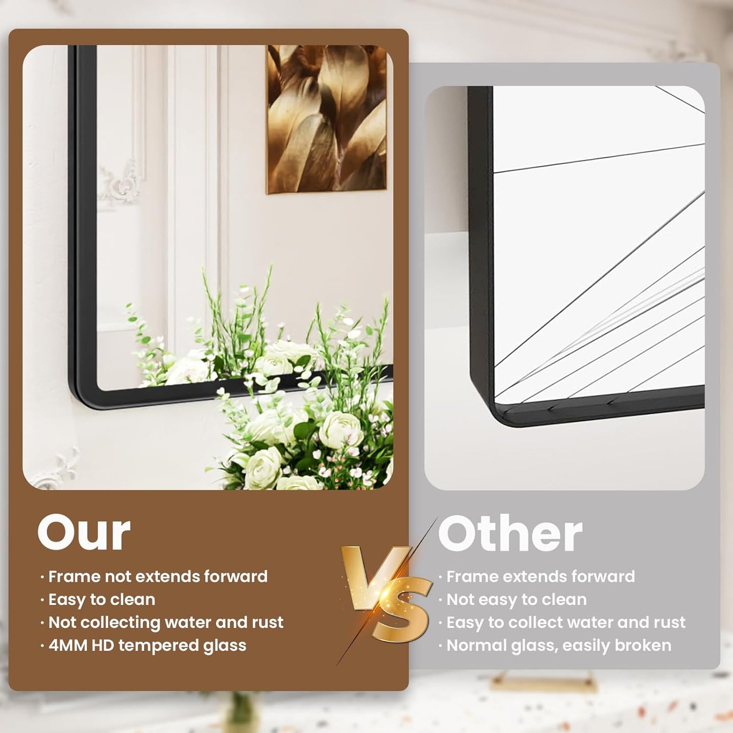 Aluminum Framed Bathroom Vanity Mirror – HD Tempered Glass Wall-Mounted Design, Ideal for Over-the-Sink Use, Supports Horizontal/Vertical Installation for Modern Décor