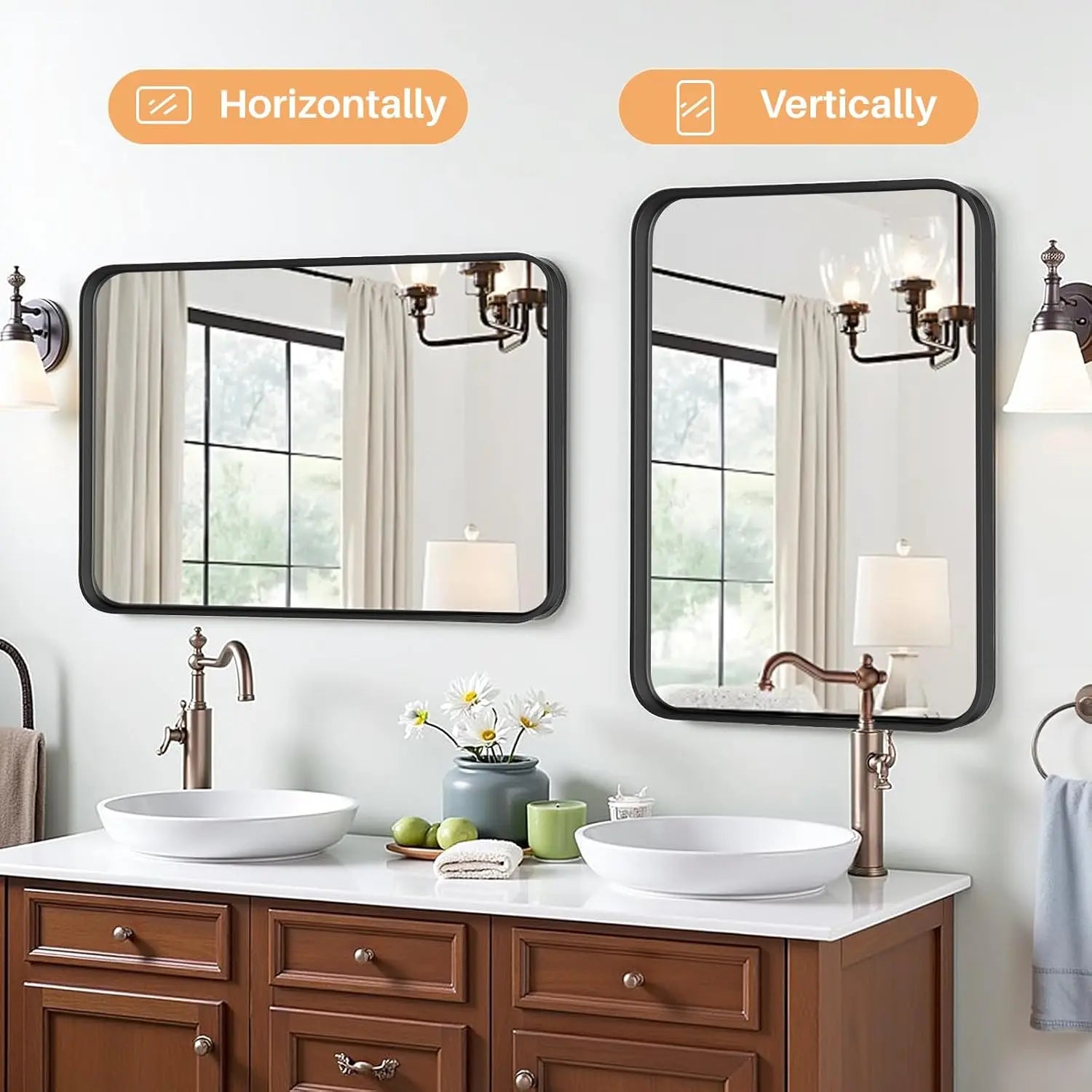 Aluminum Framed Bathroom Vanity Mirror – HD Tempered Glass Wall-Mounted Design, Ideal for Over-the-Sink Use, Supports Horizontal/Vertical Installation for Modern Décor