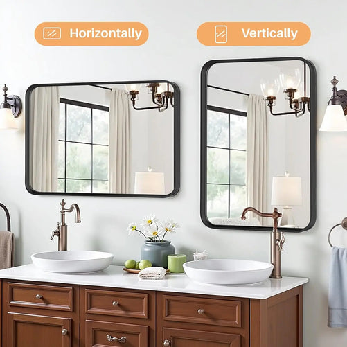 Aluminum Framed Bathroom Vanity Mirror – HD Tempered Glass Wall-Mounted Design, Ideal for Over-the-Sink Use, Supports Horizontal/Vertical Installation for Modern Décor