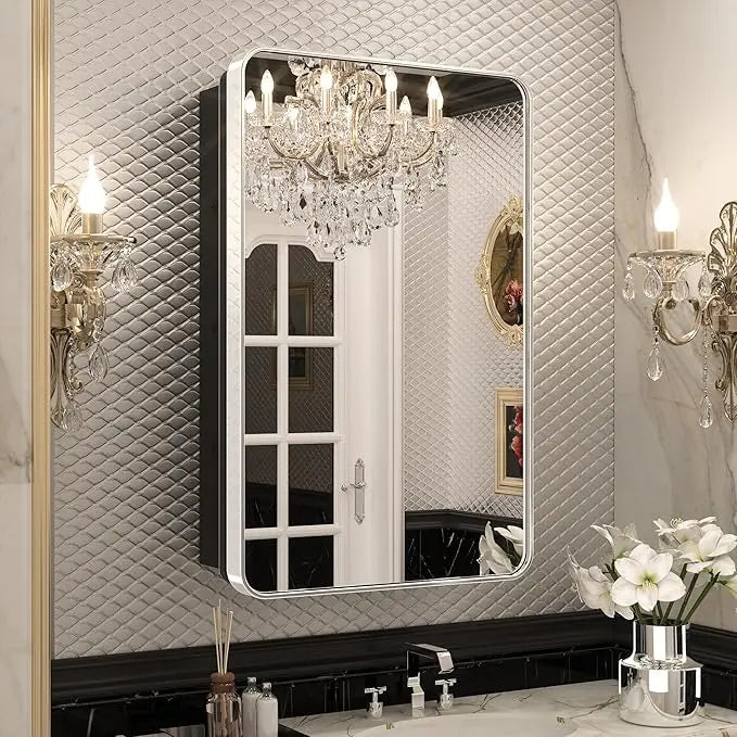 Bathroom Vanity Medicine Cabinet with Mirror – Small Brushed Brass, Stainless Steel Frame, Rounded Rectangle, Adjustable Shelves, Recessed or Surface Mount for Modern Storage