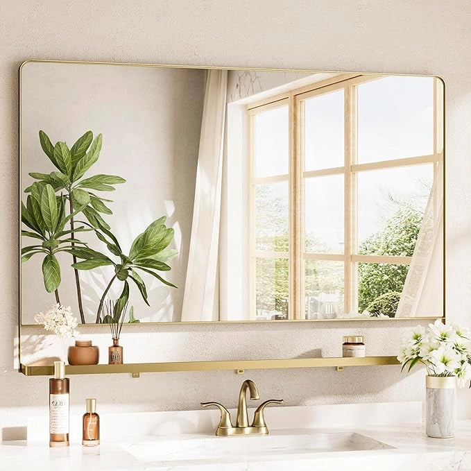 Metal Framed Vanity Mirror with Shelf – Rounded Rectangle Wall Mirror, Functional & Stylish for Bathroom, Farmhouse, Living Room, or Bedroom, Perfect Accent for Modern Home Décor