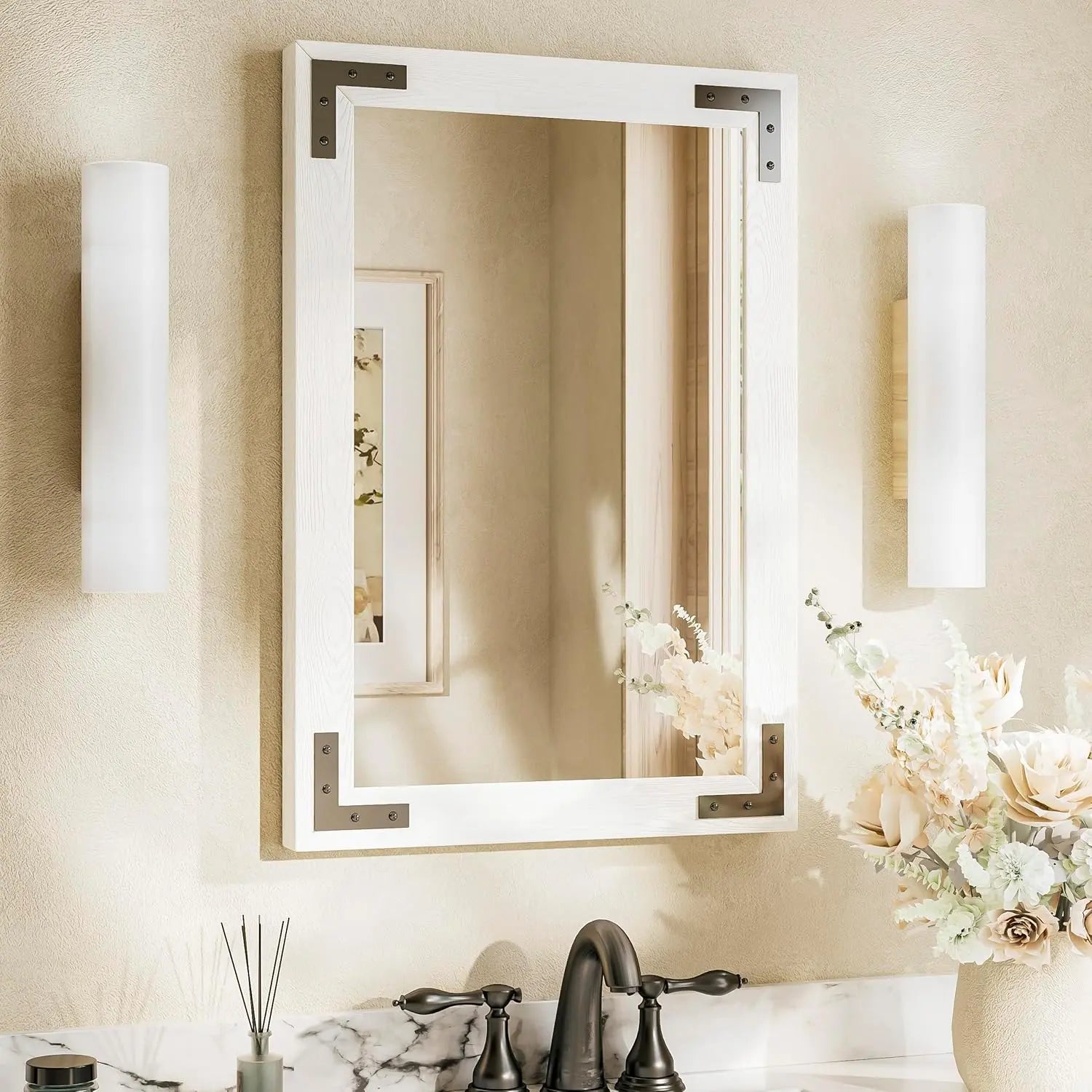 Wood Frame Bathroom Vanity Mirror for Wall – Farmhouse Vanity Mirror for Over Sink, Horizontal/Vertical Mount, Decorative Wooden Mirror for Bathroom, Living Room, Bedroom, Entryway