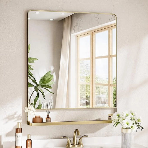 Metal Framed Vanity Mirror with Shelf – Rounded Rectangle Wall Mirror, Functional & Stylish for Bathroom, Farmhouse, Living Room, or Bedroom, Perfect Accent for Modern Home Décor
