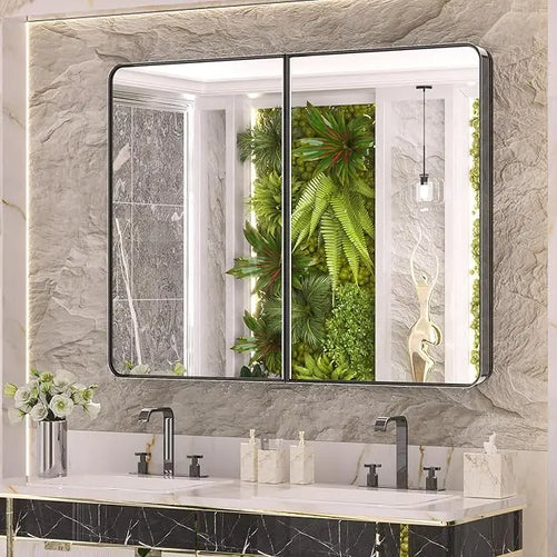 Bathroom Vanity Medicine Cabinet with Mirror – Small Brushed Brass, Stainless Steel Frame, Rounded Rectangle, Adjustable Shelves, Recessed or Surface Mount for Modern Storage