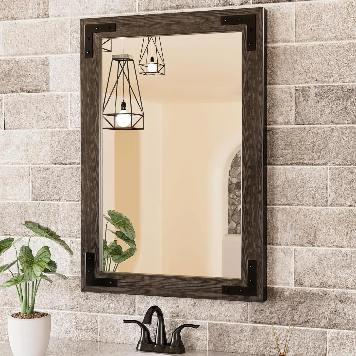 Wood Frame Bathroom Vanity Mirror for Wall – Farmhouse Vanity Mirror for Over Sink, Horizontal/Vertical Mount, Decorative Wooden Mirror for Bathroom, Living Room, Bedroom, Entryway