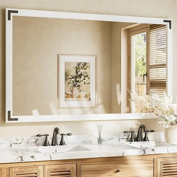 Wood Frame Bathroom Vanity Mirror for Wall – Farmhouse Vanity Mirror for Over Sink, Horizontal/Vertical Mount, Decorative Wooden Mirror for Bathroom, Living Room, Bedroom, Entryway