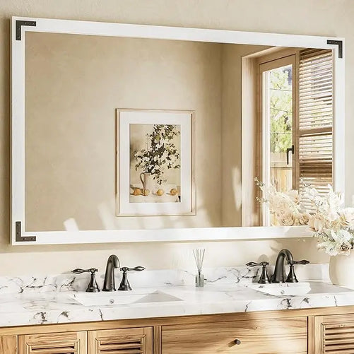 Wood Frame Bathroom Vanity Mirror for Wall – Farmhouse Vanity Mirror for Over Sink, Horizontal/Vertical Mount, Decorative Wooden Mirror for Bathroom, Living Room, Bedroom, Entryway